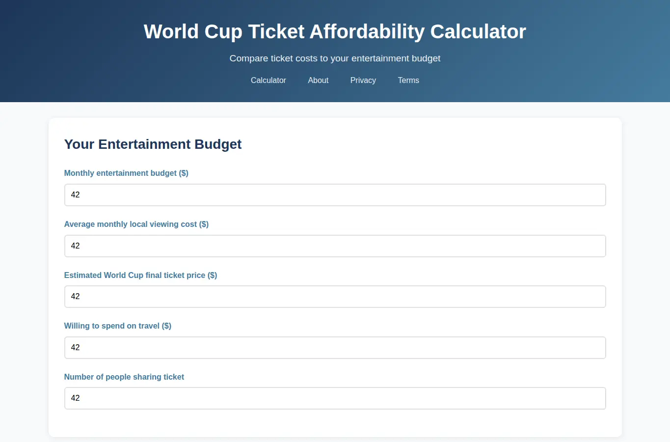Screenshot of World Cup Ticket Affordability Calculator interface showing the project page in use